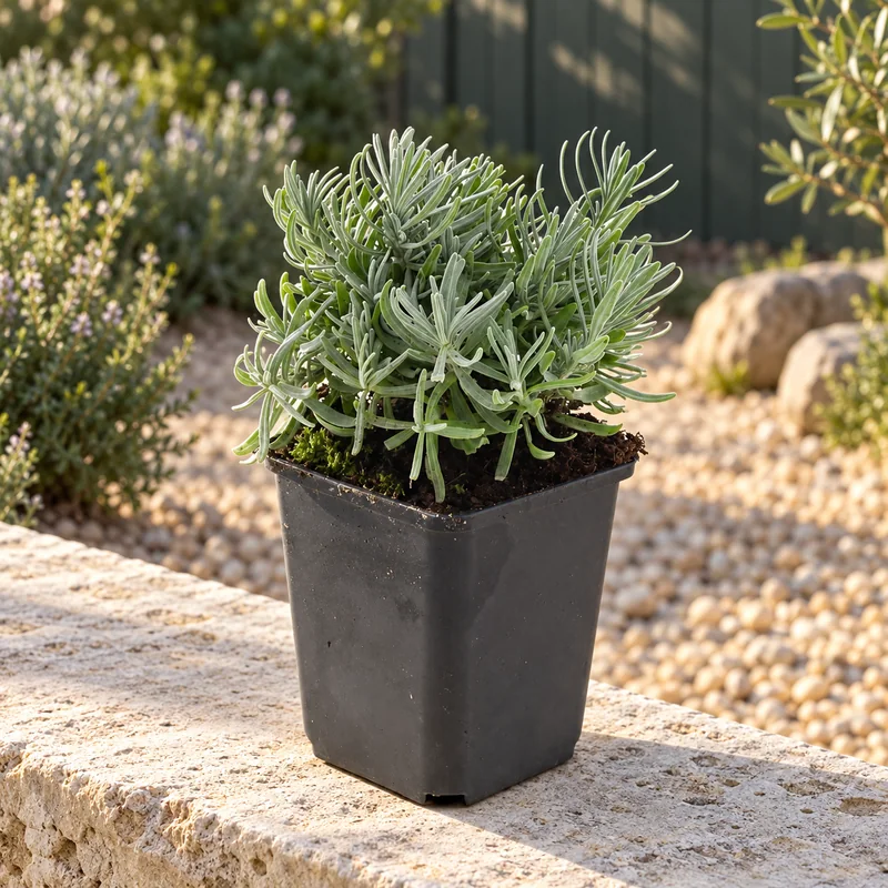 Lavendel Hidcote als kleine Jungpflanze im 9-cm-Topf an einem Gartenplatz
