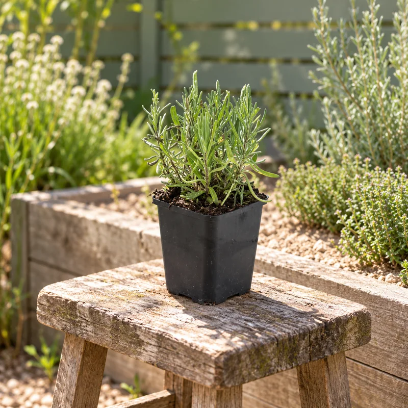 Lavendel Munstead als kleine Jungpflanze im 9-cm-Topf an einem Gartenplatz