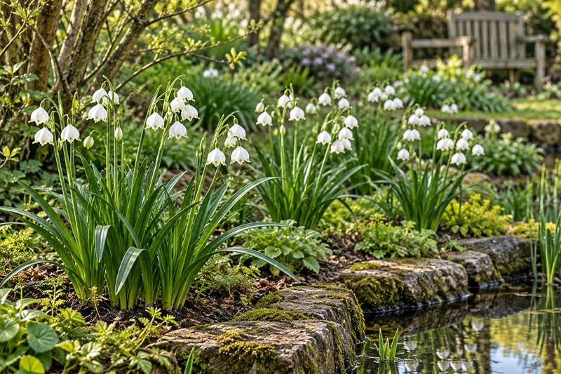 KI-gestaltete spätere Blüte von Leucojum aestivum am passenden Gartenplatz