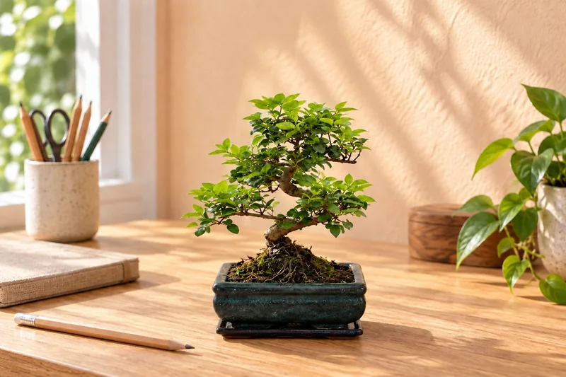 Chinesischer Liguster als Bonsai in einer KI-gestalteten Szene nach dem Original-Shopbild