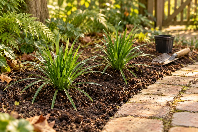 Zwei junge grüne Lilientrauben nach dem Einpflanzen am Rand eines halbschattigen Gartenbeets