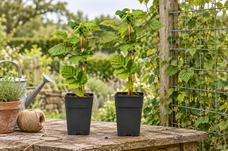 Stachellose Loganberry als zwei junge Pflanzen in schwarzen Kulturtöpfen an einem Gartenplatz; KI-gestaltet