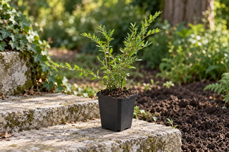 Junge Böschungsmyrte mit länglichen gegenständigen grünen Blättern im kleinen schwarzen quadratischen Topf auf einer Gartensteinstufe; KI-gestaltete Szene