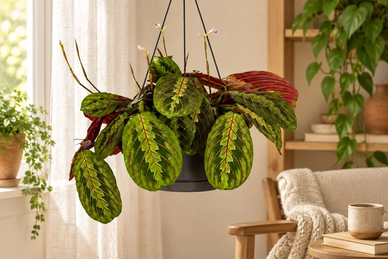 Maranta Fascinator in einer hellen Ampelposition – KI-gestaltete Wohnszene