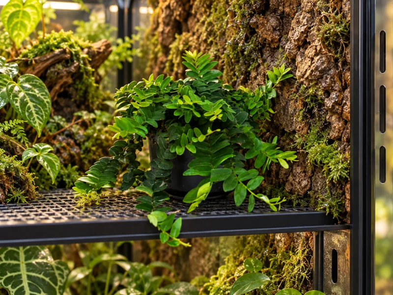 Junge Marcgravia umbellata mit dichten zweireihigen grünen Blättern im kleinen schwarzen Topf an einer strukturierten Korkwand in einem hellen Terrarium