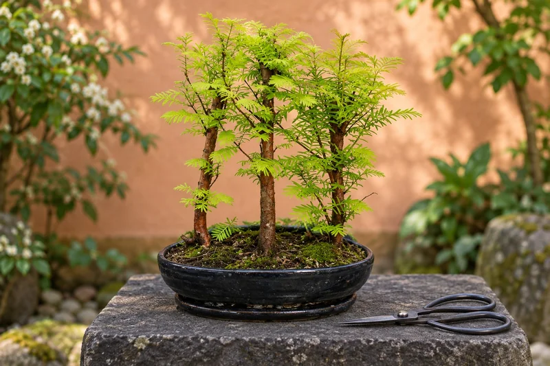 Urweltmammutbaum als Bonsai in einer KI-gestalteten Szene nach dem Original-Shopbild