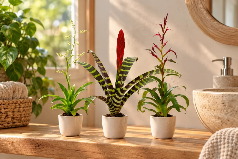Drei Mini-Bromelien mit feiner heller Rispe, gestreiftem Vriesea-Laub mit rotem Schwert und verzweigtem roten Blütenstand auf einer hellen Badezimmerablage, KI-Szene