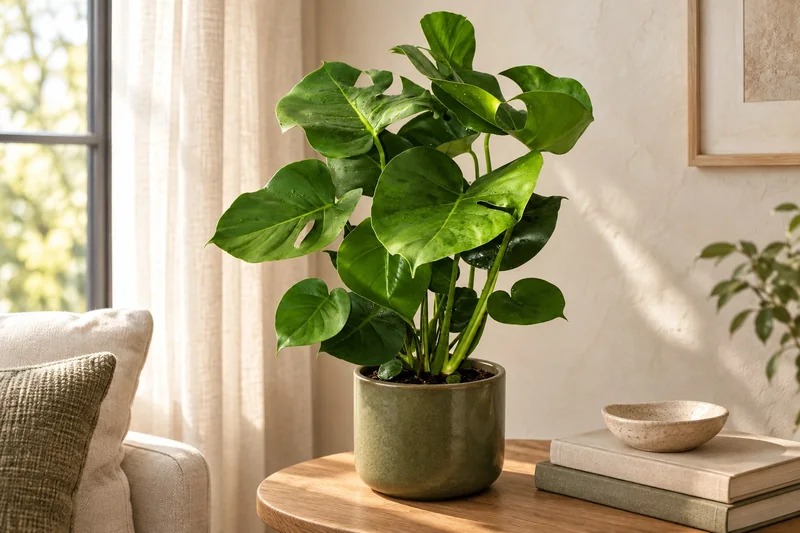 Monstera deliciosa an einem hellen Fenster – KI-gestaltete Wohnszene