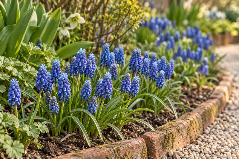 KI-gestaltete spätere Blüte von Muscari armeniacum am passenden Gartenplatz