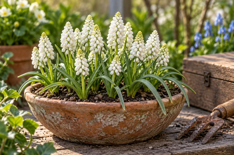 KI-gestaltete spätere Blüte von Muscari aucheri 'White Magic' am passenden Gartenplatz