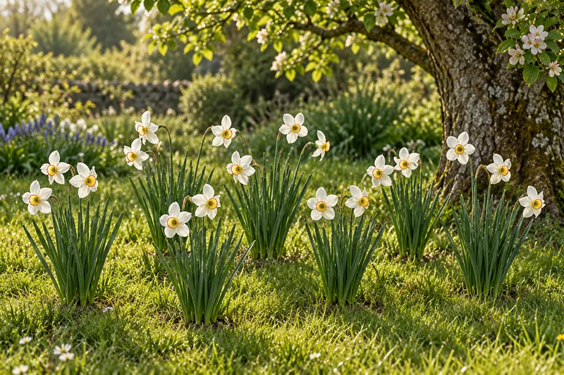 Dichternarzisse Recurvus in einer passenden KI-gestalteten Gartenansicht. Beispiel einer später gewachsenen Narzissengruppe, nicht der Zwiebel-Lieferzustand.