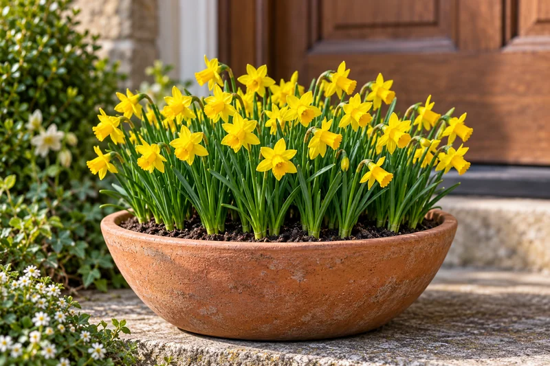 KI-gestaltete Gartenszene der späteren Blüte von Narcissus 'Tête-à-tête'; geliefert werden Zwiebeln