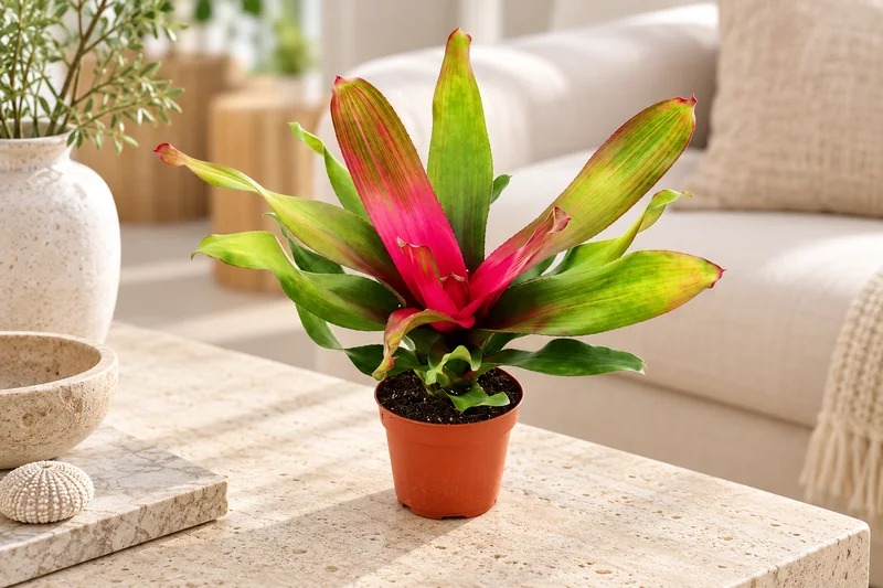 KI-gestaltete Wohnszene von Neoregelia 'Donna' in der Größe der jungen Sortimentspflanze