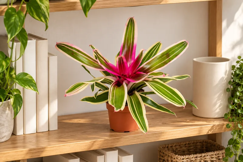 KI-gestaltete Wohnszene von Neoregelia 'Franca' in der Größe der jungen Sortimentspflanze