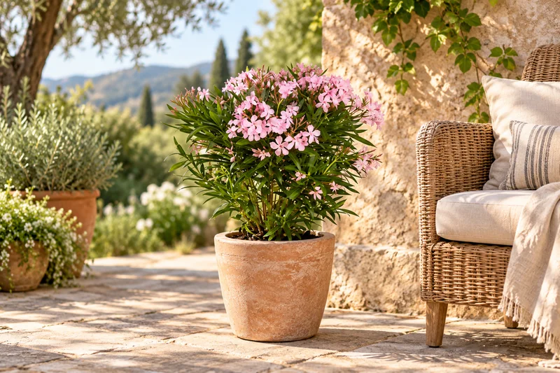 Rosa blühender junger Oleander im Terrakottaübertopf neben einem geflochtenen Terrassenstuhl