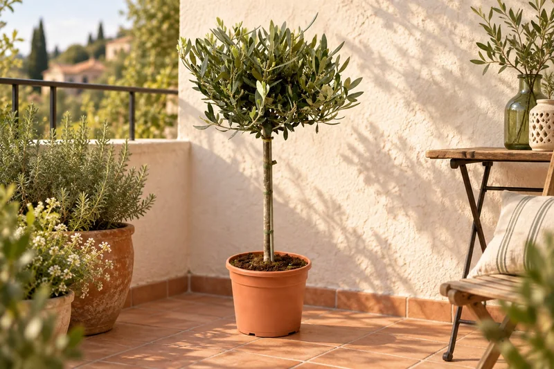 Junger Olivenbaum auf einem sonnigen Balkon – KI-gestaltete Gartenszene
