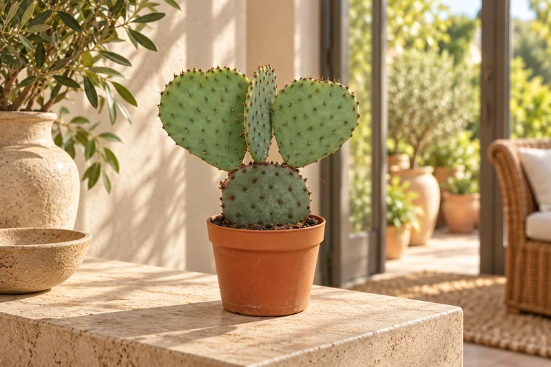 KI-gestaltete Wohnszene mit Opuntia azurea auf Basis der jungen Sortimentspflanze