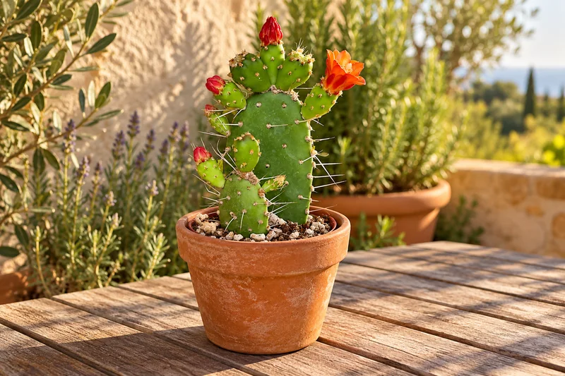 Junge Opuntia quitensis mit flachen grünen Gliedern und orangefarbener Blüte auf einem sonnigen Gartentisch, KI-gestaltete Szene