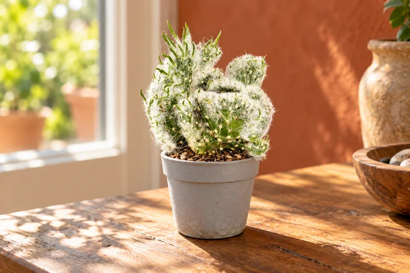 KI-gestaltete Szene mit Opuntia vestida cristata in den Proportionen der konkreten Sortimentspflanze