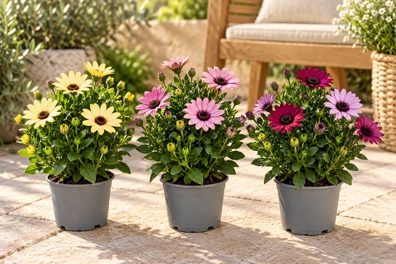 KI-gestaltete Gartenszene mit Osteospermum ecklonis · Farbauswahl in den Proportionen der jungen Sortimentspflanzen