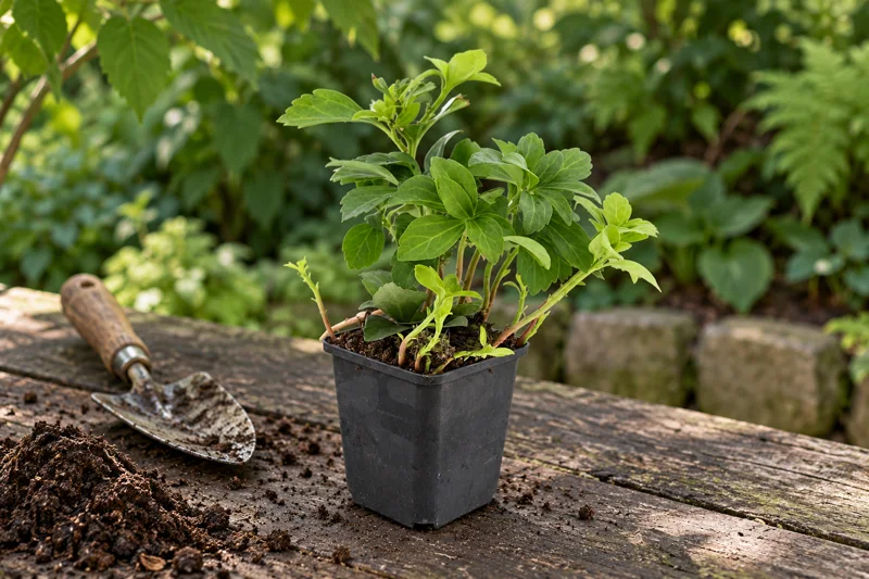 KI-gestaltete Beispielszene einer jungen Pachysandra Green Carpet auf einem Pflanztisch unter belaubten Gehölzen
