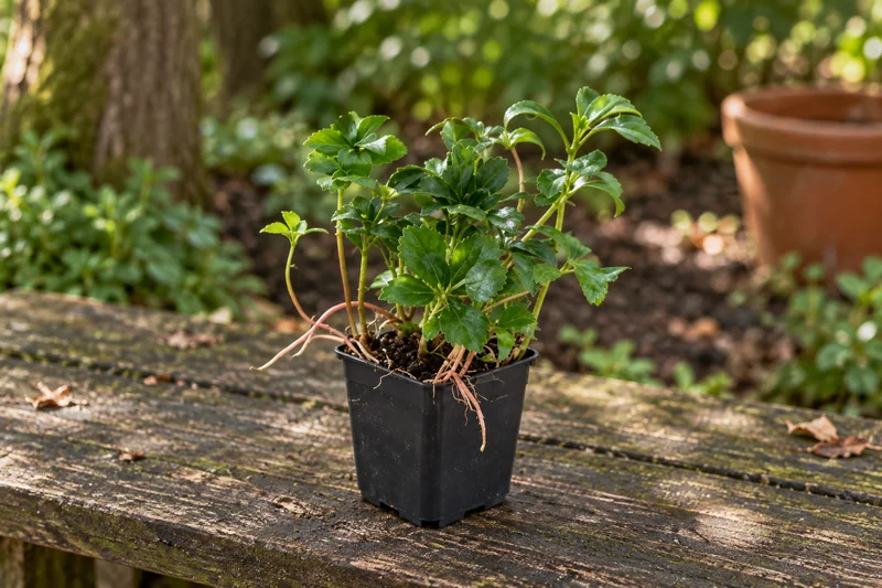 Schattengrün Green Sheen als einzelne junge Topfpflanze am Gartenplatz; KI-Szene