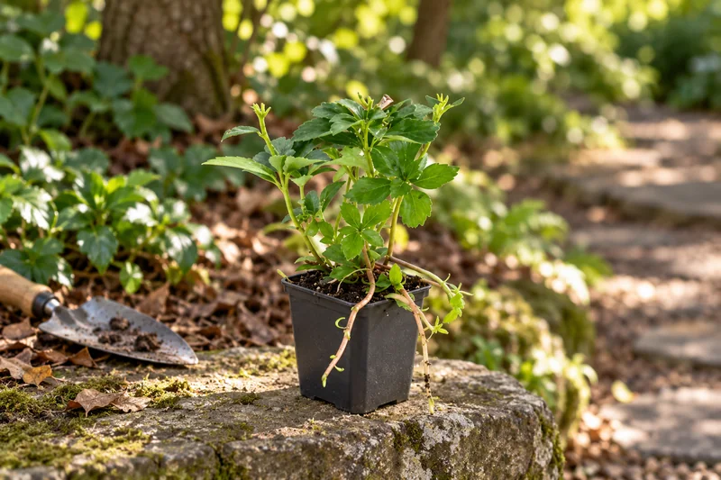 Schattengrün als einzelne junge Topfpflanze am Gartenplatz; KI-Szene