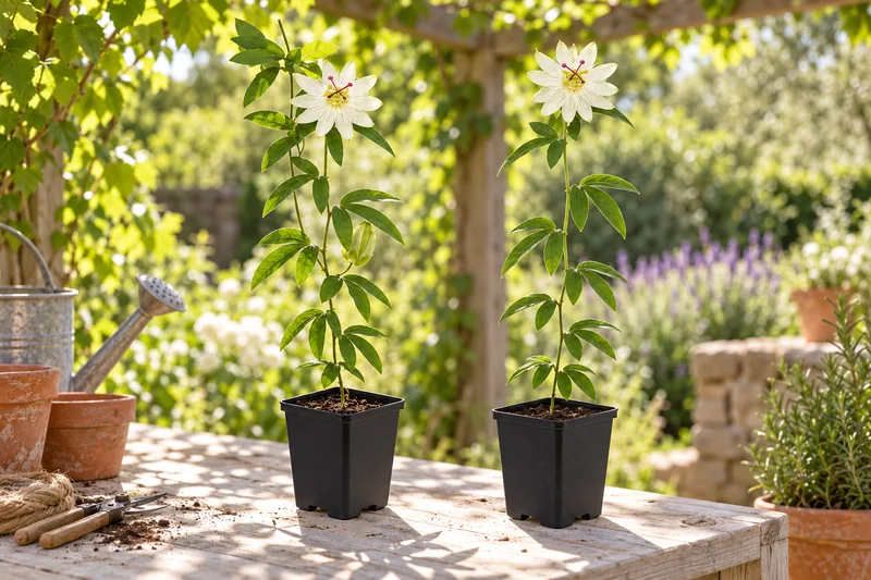 Passionsblume Avalanche in einer passenden KI-gestalteten Gartenansicht. Beispiel zweier junger Pflanzen vor dem Einpflanzen; aktuelle Lieferblüte kann abweichen.