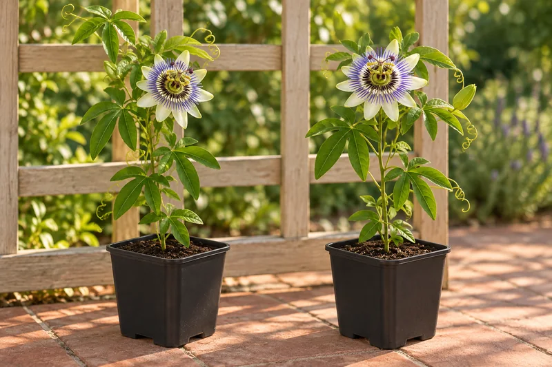 Blaue Passionsblume als junge Kletterpflanzen im 2er-Set an einem Gartenplatz; KI-gestaltete Szene