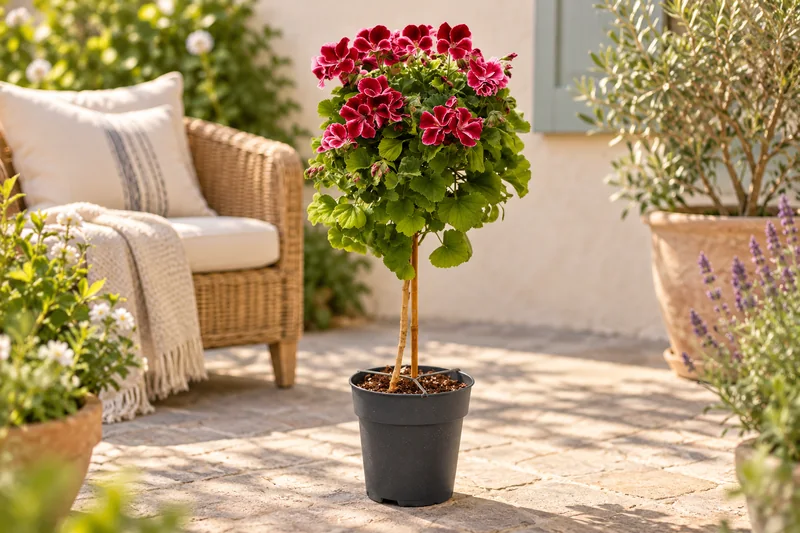 KI-gestaltete Gartenszene mit Pelargonium Grandiflorum Chaplin · Edelgeranien-Handelsauswahl in den Proportionen der jungen Sortimentspflanzen