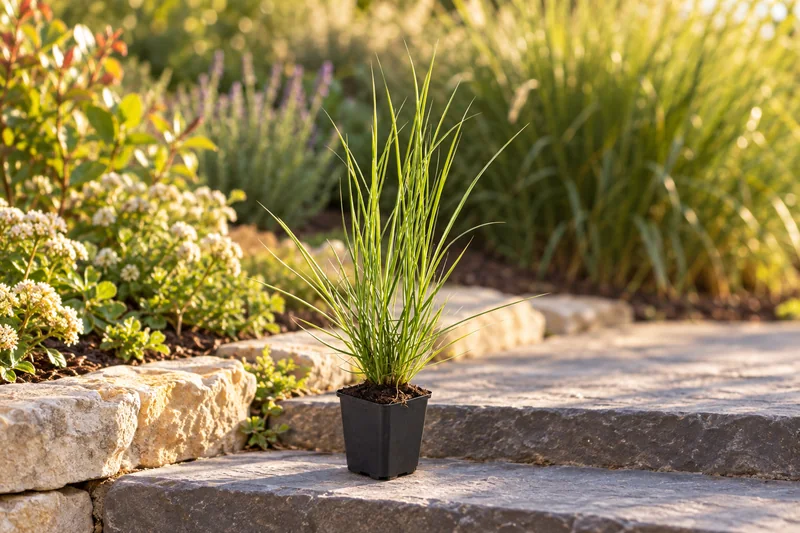 Lampenputzergras Hameln als einzelne junge Pflanze am Gartenplatz; KI-gestaltet