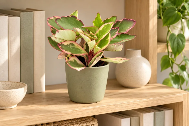 KI-gestaltete Wohnszene von Peperomia clusifolia 'Jewel' in der Größe der jungen Sortimentspflanze