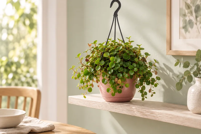 Peperomia Pepperspot mit kleinen runden grünen Blättern und rötlichen Trieben im roséfarbenen Gefäß auf einem hellen Wandregal in einer KI-Szene