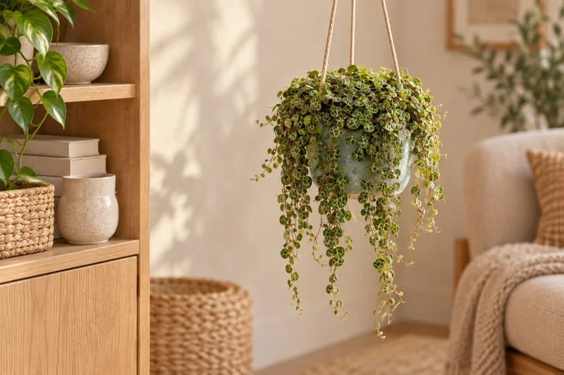 Peperomia prostrata mit feinen gemusterten Ranken in einem hellblauen Hängeübertopf neben einem Regal