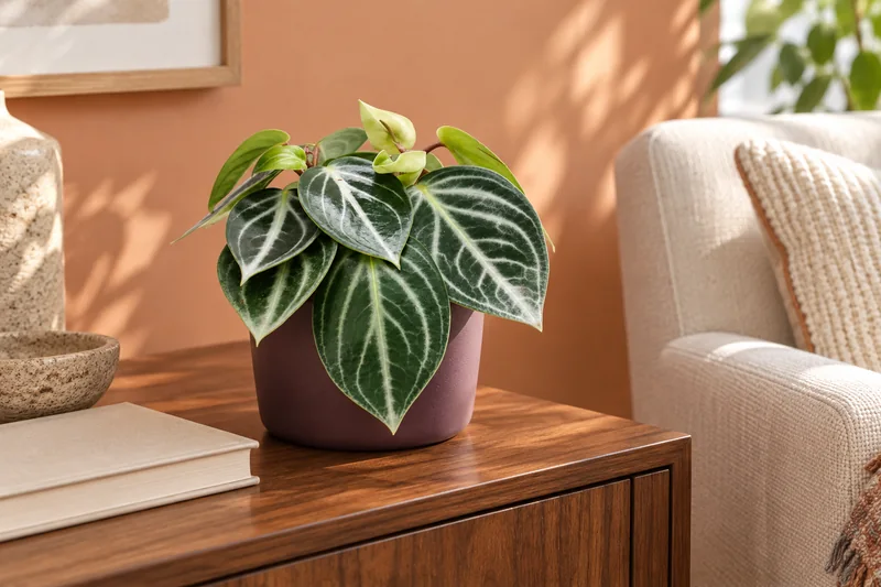 Junge Peperomia sarcophylla mit breiten dunklen, hell geaderten Blättern in einem pflaumenfarbenen Topf auf einem hellen Sideboard in einer KI-Szene