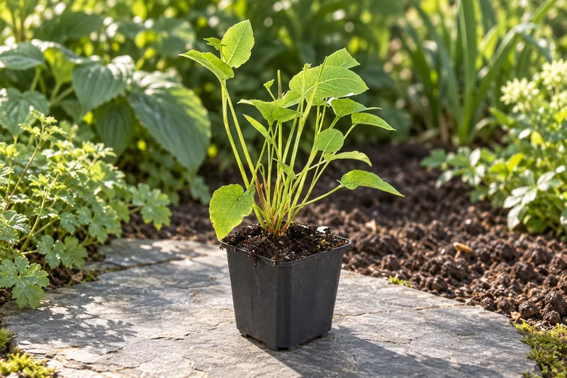 Kerzen-Knöterich als einzelne junge Pflanze im kleinen schwarzen Kulturtopf an einem Gartenplatz; KI-Szene
