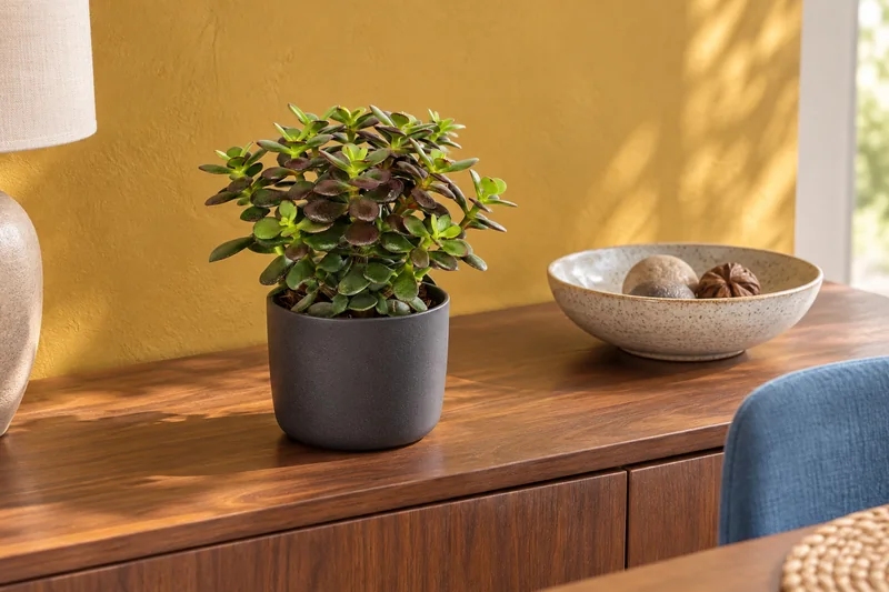 Crassula ovata 'Minor' in einer KI-gestalteten Wohnszene nach dem Original-Shopbild