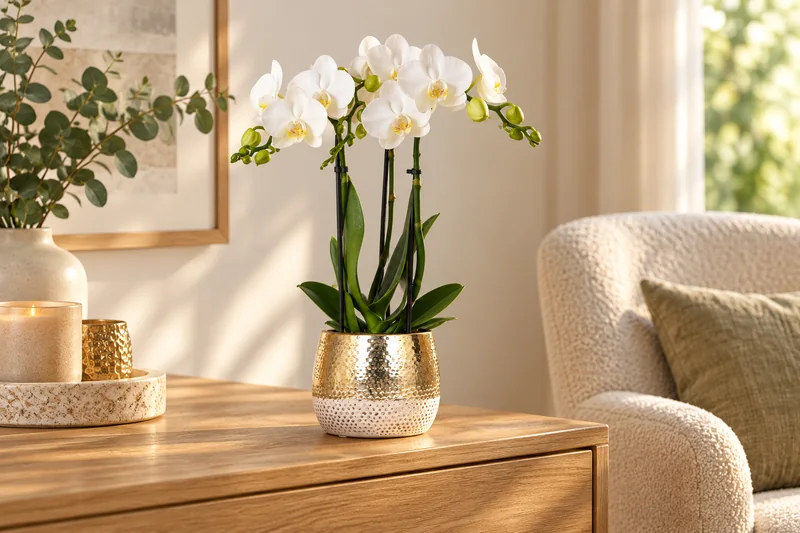 Weiße Phalaenopsis Amabilis mit heller Blütenmitte im goldenen Elite-Übertopf auf einer Kommode neben einem Sessel, KI-Szene