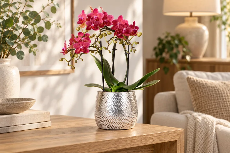 Rote bis magentafarbene Phalaenopsis Congo im silbernen Elite-Übertopf auf einer hellen Wohnzimmerkonsole, KI-Szene
