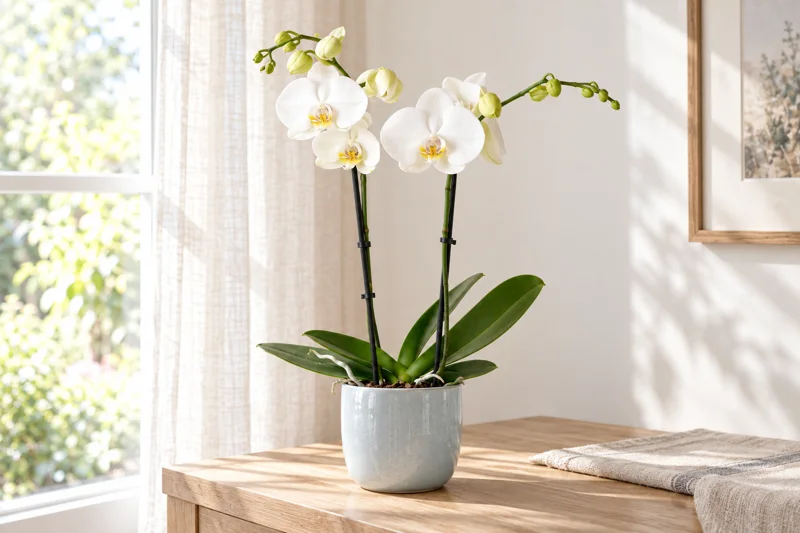 Großblütige weiße Phalaenopsis Dame Blanche in einer hellen KI-Wohnszene auf einer Konsole