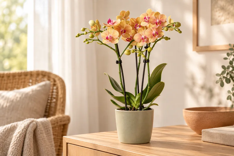Phalaenopsis Jamaica in einer hellen KI-gestalteten Szene nach dem Original-Shopbild