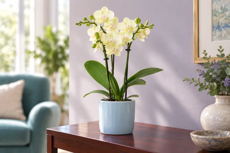 Phalaenopsis Mexico mit hellgelben Blüten in einer hellen KI-gestalteten Wohnszene