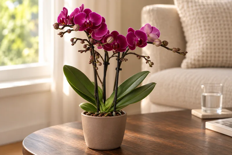 Phalaenopsis Morelia in einer hellen KI-gestalteten Szene nach dem Original-Shopbild
