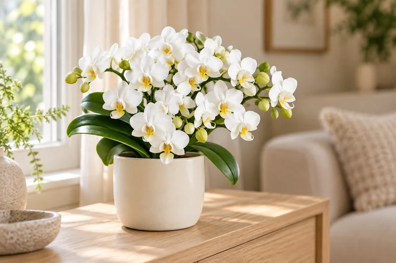Blühende Phalaenopsis Nazaré in einer hellen geschützten Wohnszene