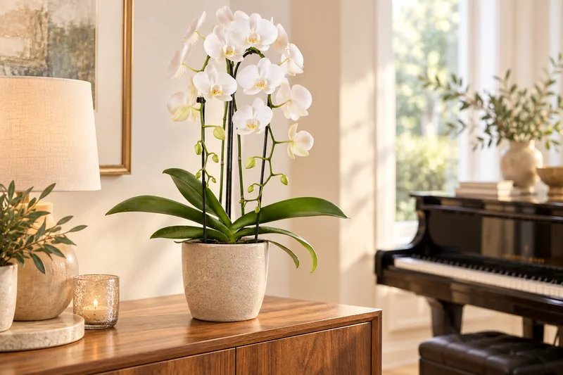 Weiße Phalaenopsis Niagara Fall mit hohen geführten Blütenbögen auf einer hellen Holzkommode, KI-Szene
