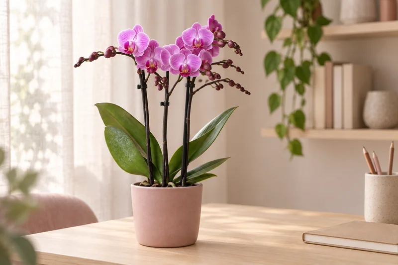 Phalaenopsis Vienna in einer hellen KI-gestalteten Szene nach dem Original-Shopbild