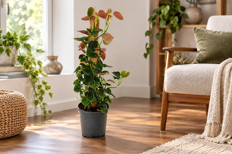 KI-gestaltete Wohnszene mit Philodendron lupinum in den Proportionen der jungen Sortimentspflanze