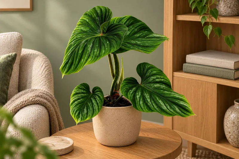 Philodendron plowmanii im sandfarbenen Übertopf auf einem Beistelltisch neben einem Bücherregal