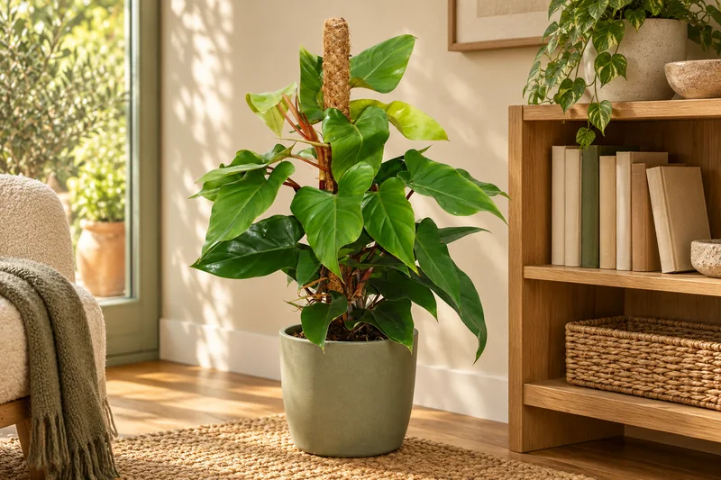 Philodendron Red Emerald am Kletterstab in einem salbeigrünen Übertopf neben einem hellen Bücherregal