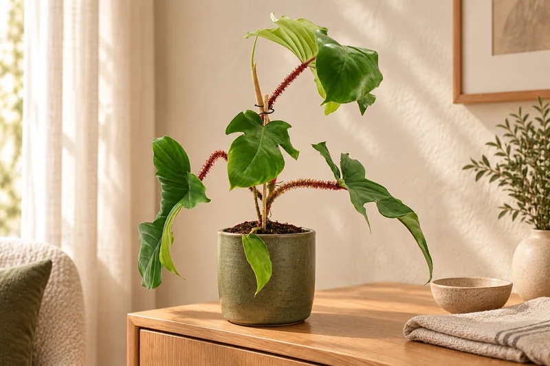 Junger Philodendron squamiferum mit roten behaarten Blattstielen im olivgrünen Übertopf